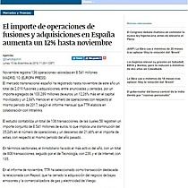 El importe de operaciones de fusiones y adquisiciones en Espaa aumenta un 12% hasta noviembre